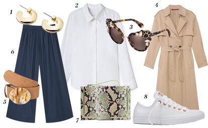 Gabardina Preppy

1. & Other Stories Pendientes dorados 2. Mango Camisa blanca 3. Miu Miu Gafas de sol 4. Comptoir des Cotoniers Trench largo fluido 5. Uterqe Cinturn de ante con hebilla marmolada 6. COS Pantalones culotte 7. Patrizia Pepe Bolso estampado 8. Converse Zapatillas blancas.