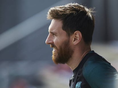 Messi, en l'entrenament d'ahir del Barça.