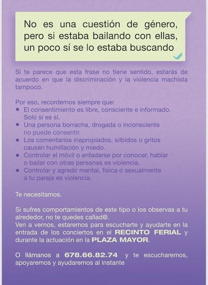 Uno de los carteles colocados por los voluntarios durante las fiestas de Las Rozas, ante la ausencia de puntos violeta, en una foto cedida. 