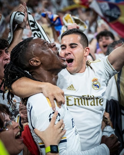 Camavinga celebrates reaching the Champions League final after beating Bayern.