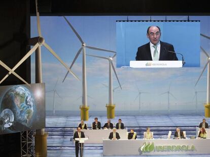 José Ignacio Sánchez Galán, presidente de Iberdrola, durante su intervención en el día del accionista en el palacio de congresos Euskalduna (Bilbao) el pasado abril.