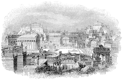 A mid 19th-century engraving showing what the Roman Forum looked like in the 1st century A.D.
