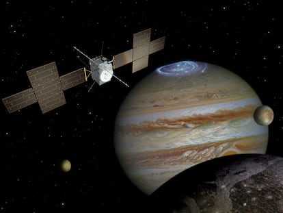 Representación artística de la sonda JUICE junto a Júpiter y sus lunas heladas.