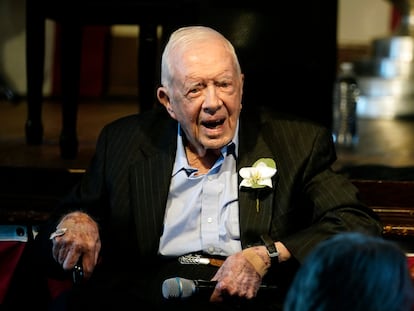 El expresidente de Estados Unidos Jimmy Carter, durante la celebración de su 75º aniversario de boda, el 10 de julio de 2021, en Plains (Georgia).