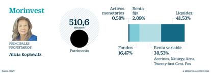 Al acecho de nuevas oportunidades. Esa es la situación que refleja la cartera de la sicav de Alicia Koplowitz que, a cierre de 2018 y ante la inestabilidad que reinaba en el mercado, decidió elevar su liquidez del 17,85% que tenía a cierre del tercer trimestre al 41,53% con que concluyó el año. Por su parte, el peso de la renta variable cae del 67,5% al 38,5%. Dentro de esta el 85,66% de las cotizadas son europeas y el 8% de EE UU y Canadá. A diferencia de la anterior, Morinvest sí repara en el mercado español para buscar oportunidades. En el segundo semestre, entraron en Metrovacesa (primera salida a Bolsa del año), Acerinox (su principal apuesta de Bolsa española) y Prosegur Cash. Por contra, deshizo sus posiciones en Siemens Gamesa y NH. La sicav tiene el 16,47% de su patrimonio en fondos de inversión como Abante, Bestinver y BlackRock. La renta fija queda desterrada con un peso del 2,89%.