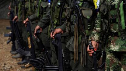 Miembros de las FARC antes de trasladarse a la zona de tranci&oacute;n de Pueblo Nuevo, en Los Robles, el 25 de enero. 