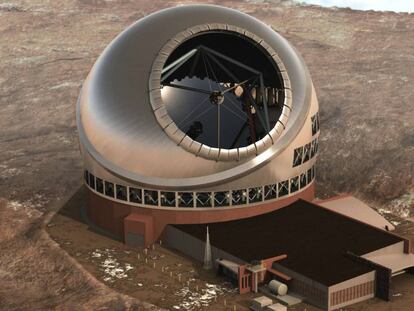 An artist’s rendition of the Thirty Meter Telescope as it would look atop the Mauna Kea.