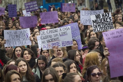 Banners during the protests in the student-filled city of Madrid that read from left to right: "She’s come out as a feminist. No, I’ve come out of my cage.” “On my way home I want to be free not brave. Love/arm yourself sister.” “There are no women on my literature class syllabus.”