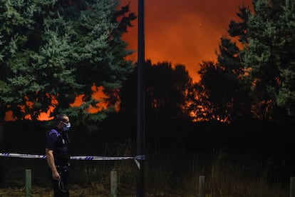 Un agente de seguridad se protege del humo con una mascarilla, a escasos metros del fuego declarado en Tres Cantos.