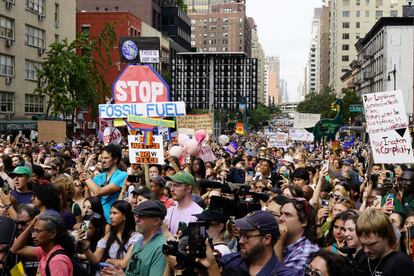 Activists during a demonstration calling for the U.S. government to take action on climate change and reject the use of fossil fuels in New York City, September 17, 2023.