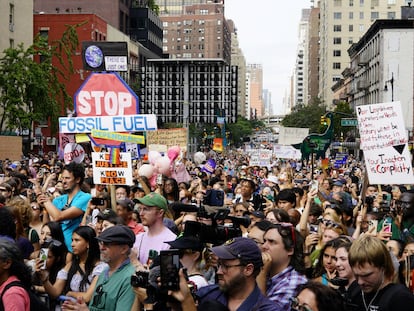 Activists during a demonstration calling for the U.S. government to take action on climate change and reject the use of fossil fuels in New York City, September 17, 2023.
