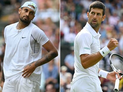 Kyrgios y Djokovic, durante sus respectivos partidos de cuartos y semifinales en Wimbledon.