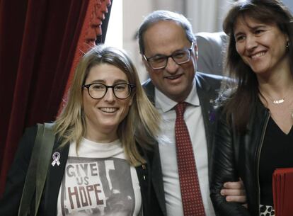 Elsa Artadi, Quim Torra y Laura Borràs en el Parlament.