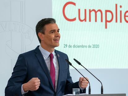 Pedro Sánchez,durante su comparecencia en rueda de prensa para presentar el primer informe de rendición de cuentas del Gobierno de España.