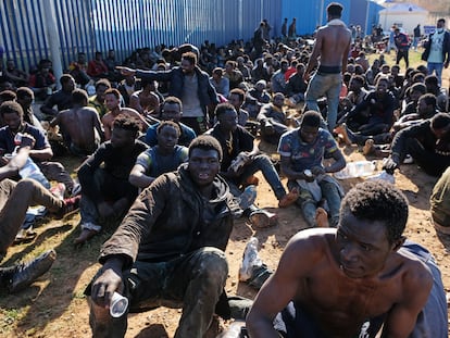 Decenas de migrantes este miércoles tras saltar la valla de Melilla.