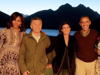 O presidente da Argentina, Mauricio Macri, e seu par dos Estados Unidos, Barack Obama, junto às primeiras damas em San Carlos de Bariloche, Neuquén, Argentina.