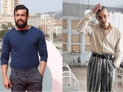 A la izquierda, Mario Casas en la presentación del Festival de Málaga en marzo de 2017, con la barba y el peso que había ganado para su personaje en 'Bajo la piel de lobo'. A la derecha, el actor en una imagen publicada siete meses después en el rodaje de 'El fotógrafo de Mauthausen'.