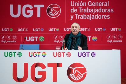 El secretario general de UGT, Pepe Álvarez, durante la presentación este miércoles en Madrid de las prioridades del sindicato de cara a 2025.