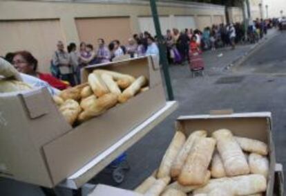 Cola de personas espera un reparto de comida del Banco de Alimentos en Valencia.