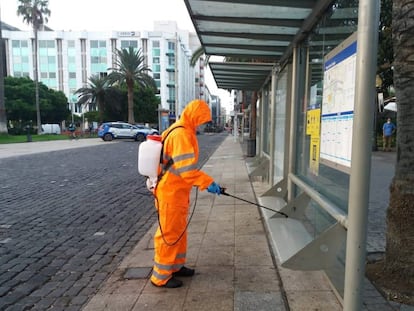 Personal de limpieza desinfecta una parada de autobús en Las Palmas de Gran Canaria.