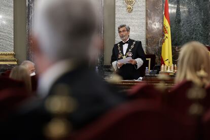 El presidente del Tribunal Supremo y del Consejo General del Poder Judicial, Carlos Lesmes durante la celebración este lunes del acto de apertura del Año Judicial en el Tribunal Supremo en Madrid.