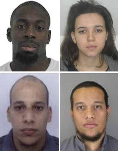 Imatges cedides per la Policia francesa. Amedy Coulibaly (a dalt a l'esquerra), un conegut islamista radical francès de 32 anys, és el suposat autor de la presa d'ostatges en un supermercat de París i de l'assassinat ahir d'una policia municipal francesa. La seva companya, Hayat Boumeddiene, de 26 anys, està relacionada amb l'assassinat ahir en ple carrer a Montrouge, al sud de París. I els principals sospitosos de la massacre al setmanari "Charlie Hebdo", els germans Said i Chérif Kouachi (a baix a l'esquerra).