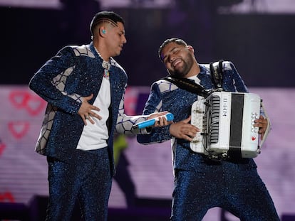 Eduin Caz and Dylan Camacho, of Grupo Firme, at Mexico City’s Foro Sol, Thursday, March 24, 2022.