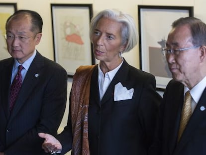 Christine Lagarde, Jim Yong Kim y Ban Ki- moon.