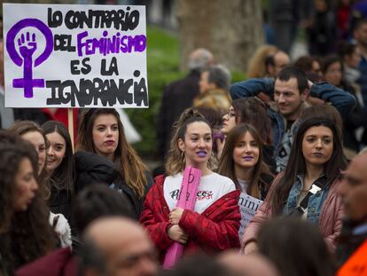 Manifestación del Día Internacional de la Mujer de 2020, a su paso por Cibeles, en Madrid.