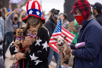 Partidarios de Joe Biden celebran junto a sus perros la victoria del demócrata en las presidenciales, en California, Estados Unidos, el 7 de noviembre de 2020.