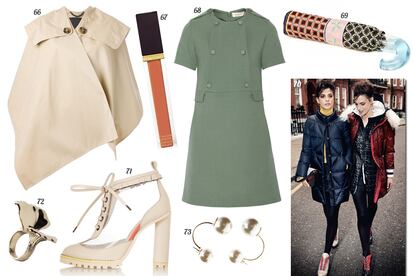 66. Burberry Prorsum Capa estilo trench. 67. Tom Ford Lip gloss. 68. Paul & Joe Vestido de manga corta con doble botonadura. 69. Bimba & Lola Paraguas estampado con mango transparente. 70. Fay. 71. Sophia Webster Botín de piel y vinilo. 72. & Other Stories Anillo dorado con flor. 73. Asos Pendientes con perlas sintéticas.