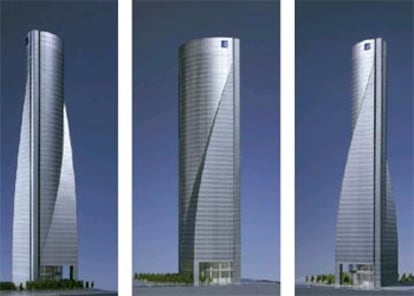Tres imágenes de la Torre Espacio, en la antigua Ciudad Deportiva del Real Madrid, obra de Henry Cobb.