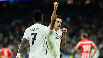 El centrocampista del Real Madrid, Brahim Díaz, tras conseguir el segundo gol del equipo madridista ante Atlético de Madrid en Champions este martes.