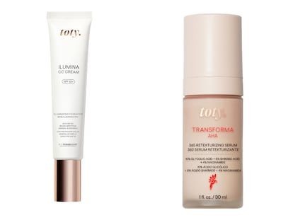A la izda., Ilumina CC Cream, maquillaje, protector solar mineral SPF 50 y cuidado de la piel en un solo producto. A la dchap. Transforma AHA 360, un sérum con un 17% de alfahidroxiácidos (AHA) exfoliantes y un 4% de niacinamida. Ambos de TOTY.