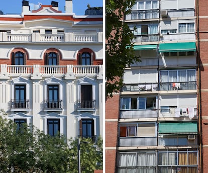 Comparación de dos fachadas. De izquierda a derecha: un edificio en la plaza del Marqués de Salamanca y otro en la plaza de Mondariz, en el barrio del Pilar, en julio del 2024.