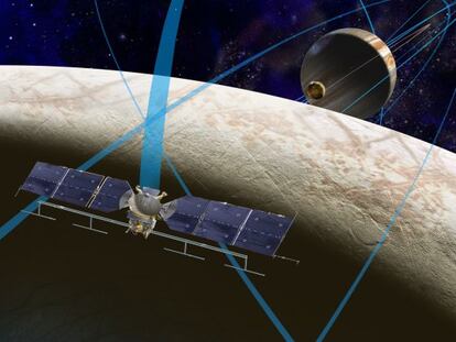 Ilustración de la futura misión de la NASA a Europa, luna de Júpiter.