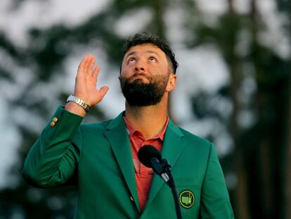 Golf - The Masters - Augusta National Golf Club - Augusta, Georgia, U.S. - April 9, 2023
Spain's Jon Rahm thanks the late Seve Ballesteros during his speech after winning The Masters REUTERS/Brian Snyder