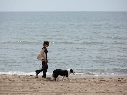Una mujer pasea por la playa con su perro.