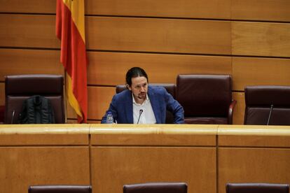 Pablo Iglesias, durante su comparecencia en la Comisión de Derechos Sociales del Senado, este jueves.