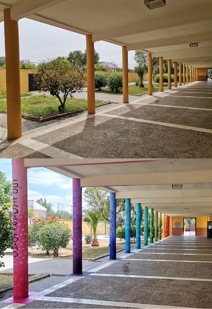 Patio del colegio antes y después de la intervención.