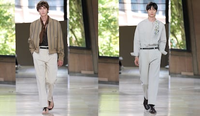Dos modelos en el desfile de Hermès, diseñado por Véronique Nichanian.