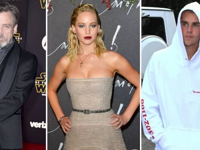 Los actores Mark Hamill y Jennifer Lawrence y el cantante Justin Bieber.