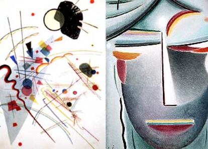 A la izquierda, <i>Sonido apacible,</i> de Kandinski, obra expuesta en el Thyssen cedida por el Guggenheim de Nueva York. A la derecha, <i>Rostro redentor,</i> de Jawlenski.