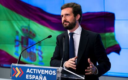 El presidente del Partido Popular, Pablo Casado, durante su discurso en el Comité Ejecutivo Nacional de su partido.