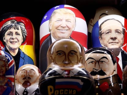 Matryoshka dolls painted with the faces of Donald Trump, Vladimir Putin and other European leaders.