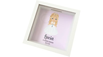 Personalized communion piggy bank.