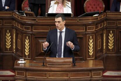 Pedro Sánchez, durante su intervención en el Congreso por la moción de censura.