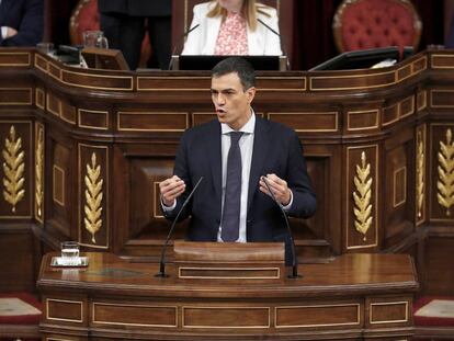 Pedro Sánchez, durante su intervención en el Congreso por la moción de censura.