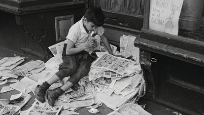 Ni&ntilde;o leyendo tebeos en una calle de Nueva York en 1945.