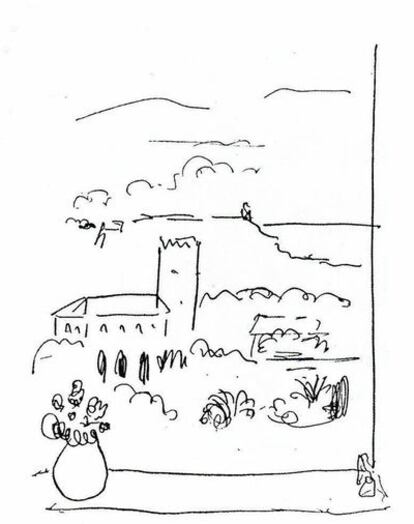 Dibujo realizado por Matisse de la Alhambra llamado " vue de la fenétre que recuerda el paso del pintor por Granada y que será una de la mas de cien piezas de la exposición " Matisse y la Alhambra ( 1910- 2020 que se mostrarán a partir del 15 de octubre en el palacio de Carlos V de Granada